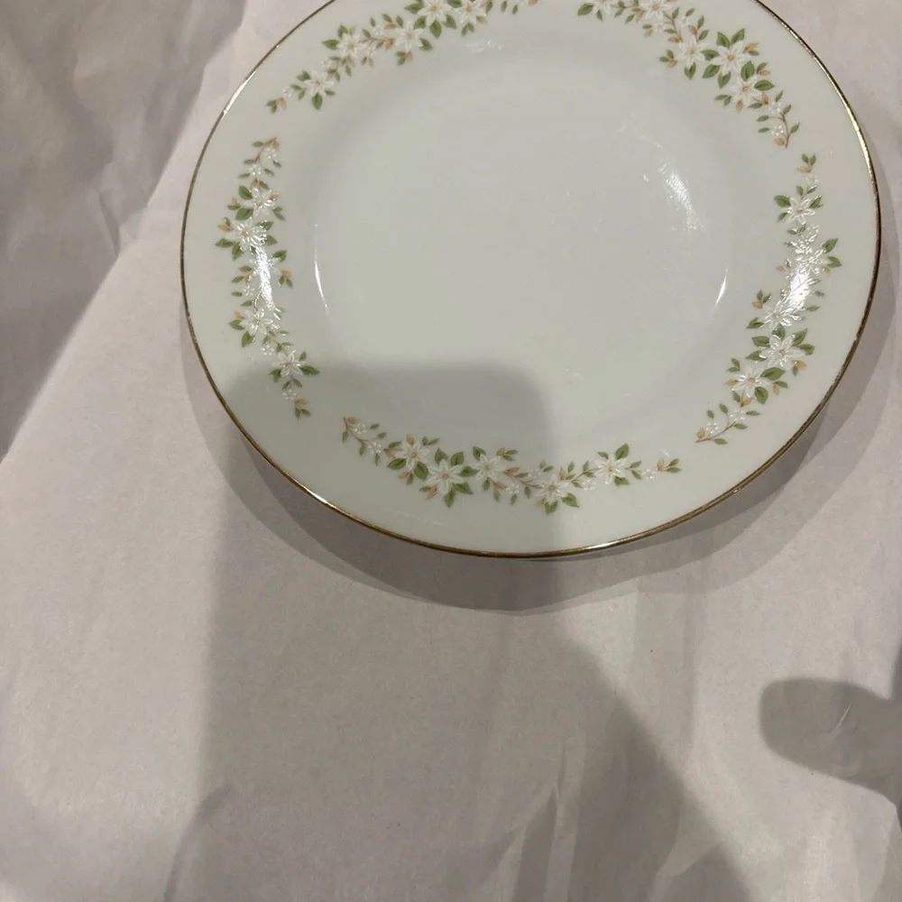 Ekco Vintage China Gravy Pitcher with Green and Gold Floral Accents with Plate